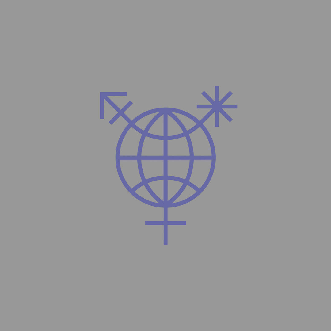 Lilafarbene, stilisierte Weltkugel mit queeren Symbolen auf hellgrauem Untergrund
